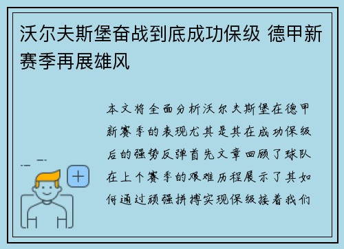 沃尔夫斯堡奋战到底成功保级 德甲新赛季再展雄风