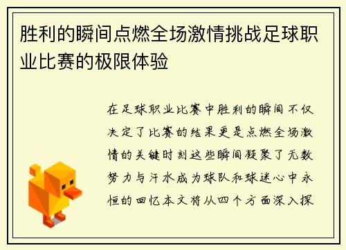 胜利的瞬间点燃全场激情挑战足球职业比赛的极限体验