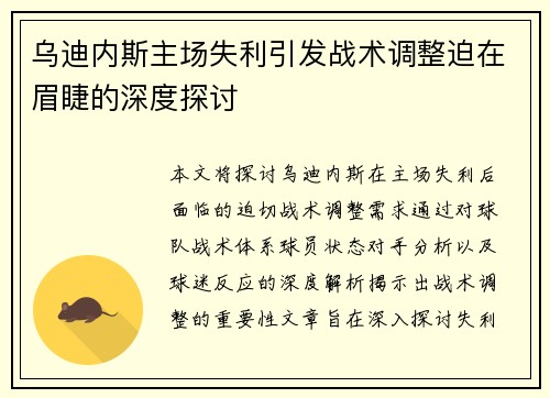 乌迪内斯主场失利引发战术调整迫在眉睫的深度探讨