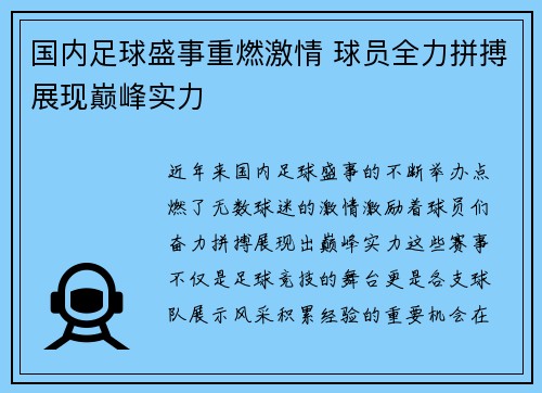 国内足球盛事重燃激情 球员全力拼搏展现巅峰实力