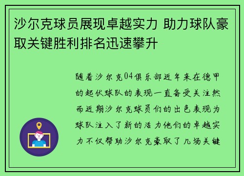 沙尔克球员展现卓越实力 助力球队豪取关键胜利排名迅速攀升