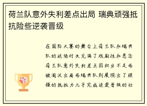 荷兰队意外失利差点出局 瑞典顽强抵抗险些逆袭晋级