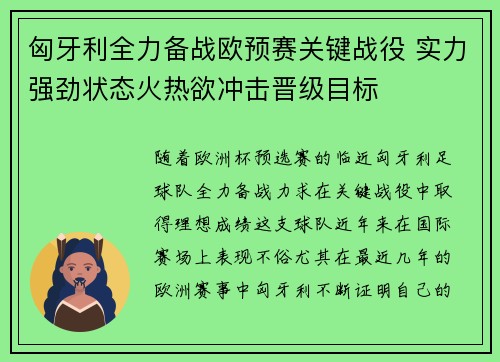 匈牙利全力备战欧预赛关键战役 实力强劲状态火热欲冲击晋级目标