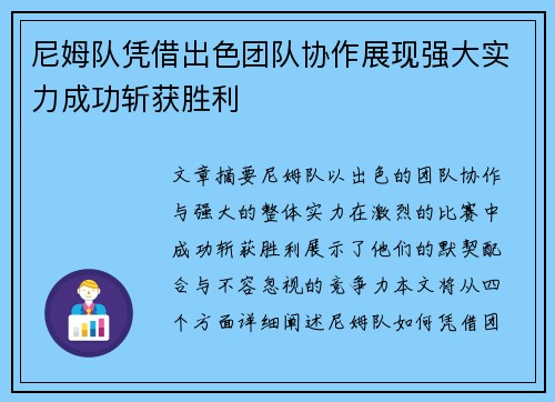 尼姆队凭借出色团队协作展现强大实力成功斩获胜利