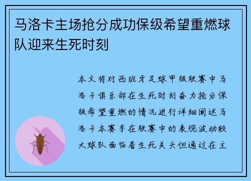 马洛卡主场抢分成功保级希望重燃球队迎来生死时刻