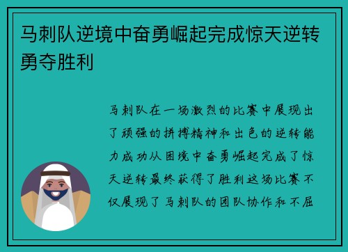 马刺队逆境中奋勇崛起完成惊天逆转勇夺胜利